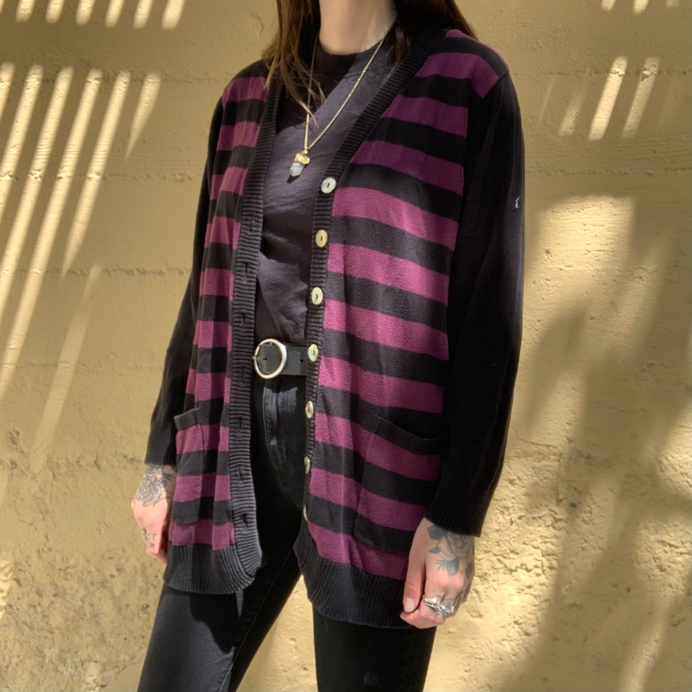 VTG Purple & Black Striped Long Cardigan